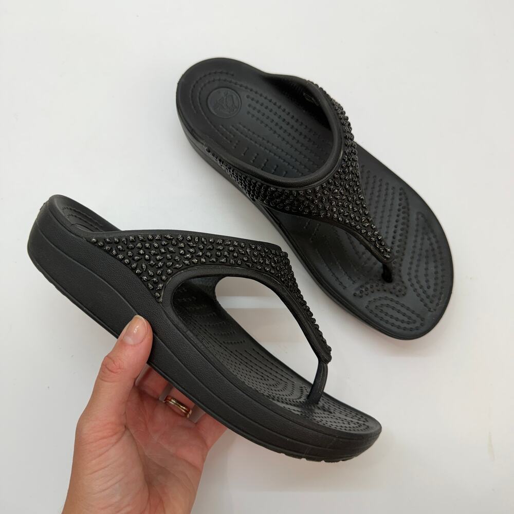 CROCS Black Rhinestone Platform Sandal 7
